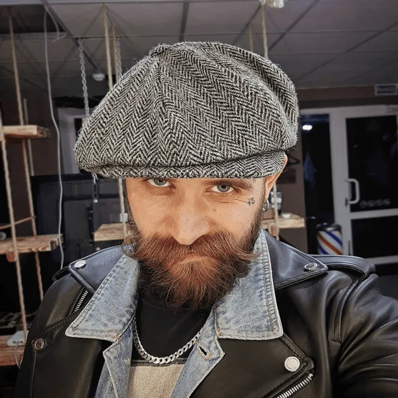 Men's Herringbone Wool Newsboy Cap Gatsby Flat Cap