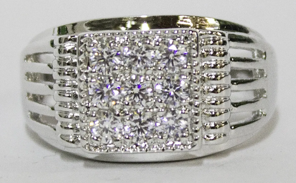 Men's Rhodium Plated Dress Ring Multiple Brilliant Cut CZ 078