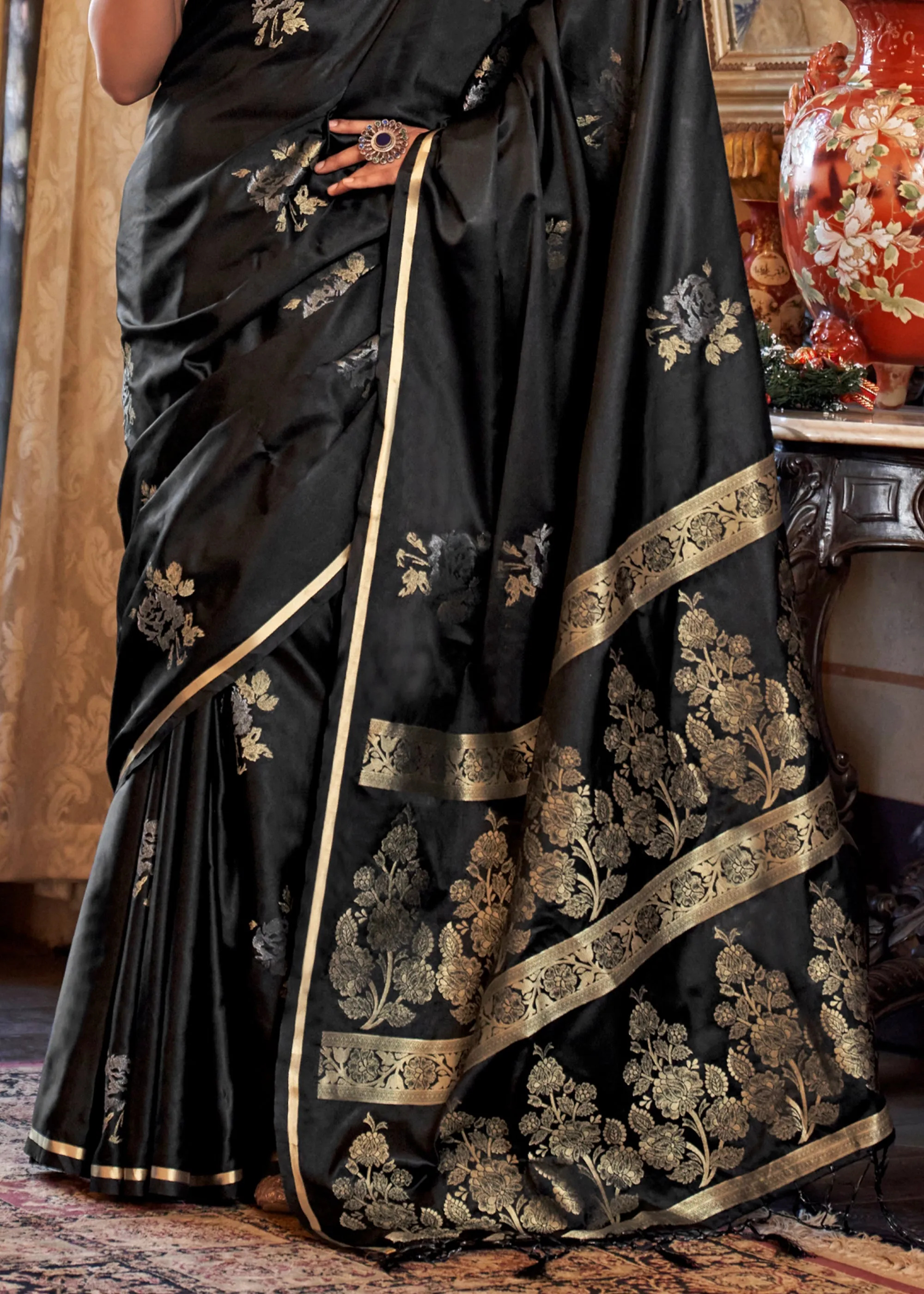 Midnight Black Banarasi Satin Silk Saree