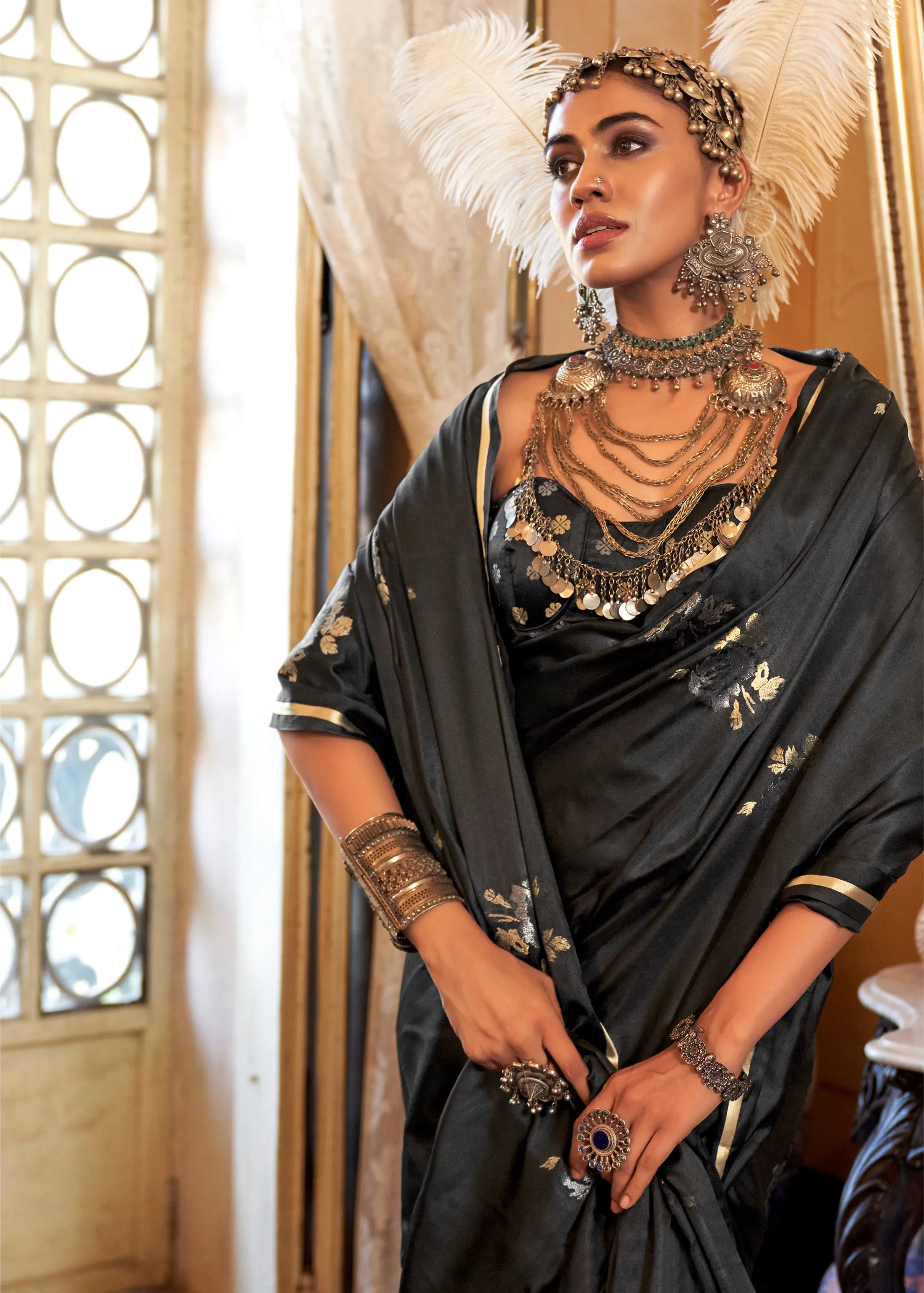 Midnight Black Banarasi Satin Silk Saree