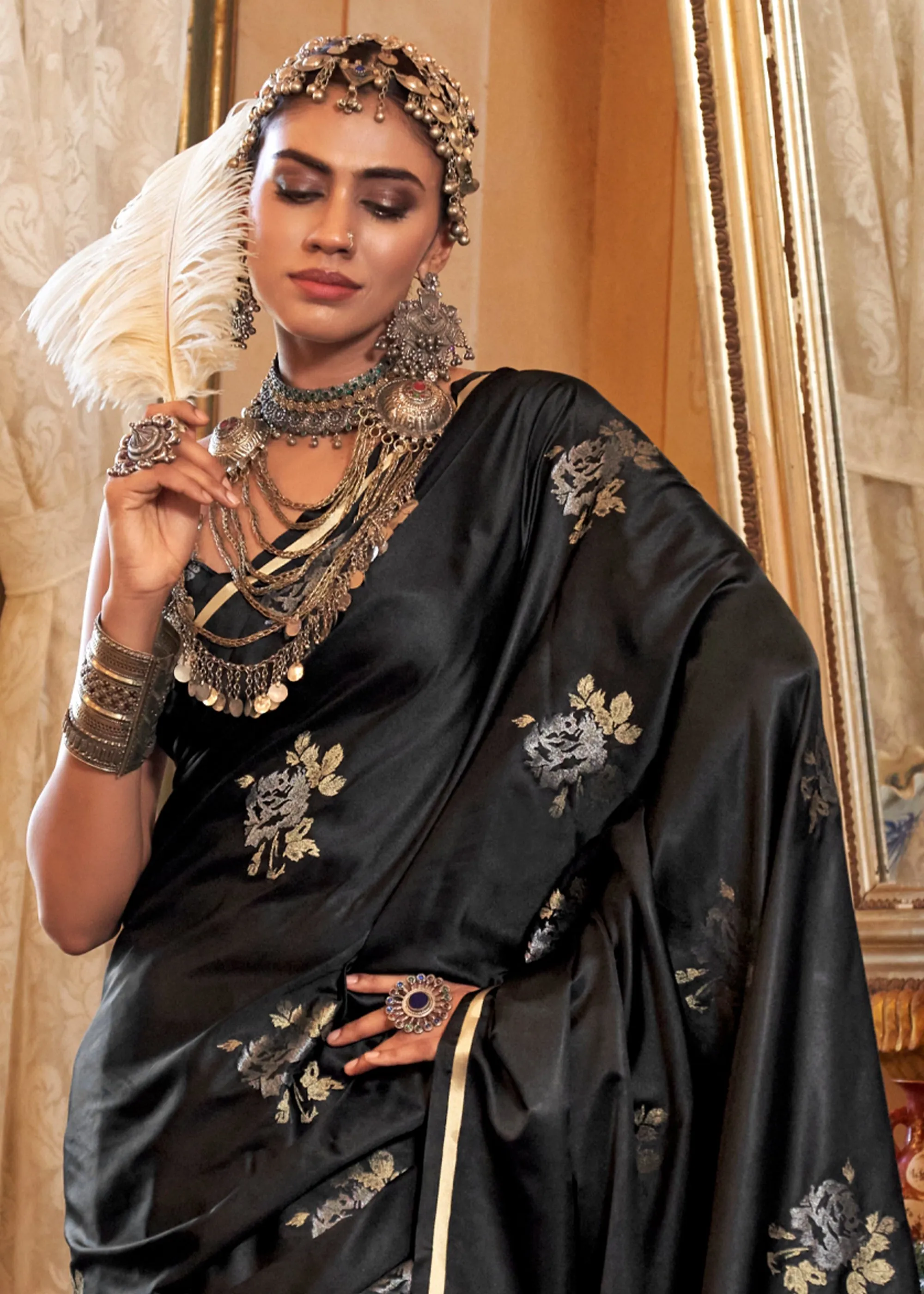 Midnight Black Banarasi Satin Silk Saree