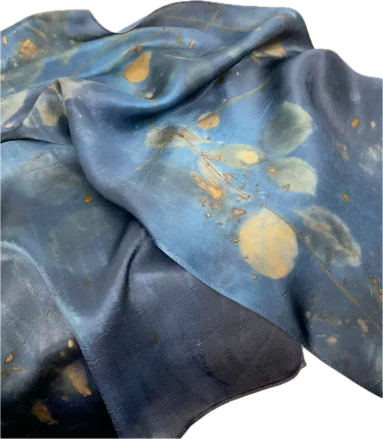 Midnight blue hand dyed Eco Printed silk scarf