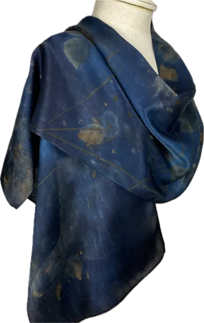 Midnight blue hand dyed Eco Printed silk scarf