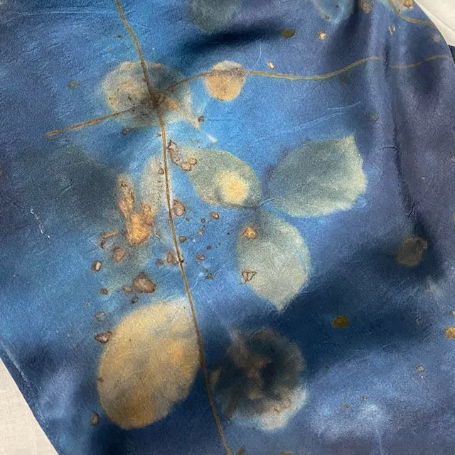 Midnight blue hand dyed Eco Printed silk scarf