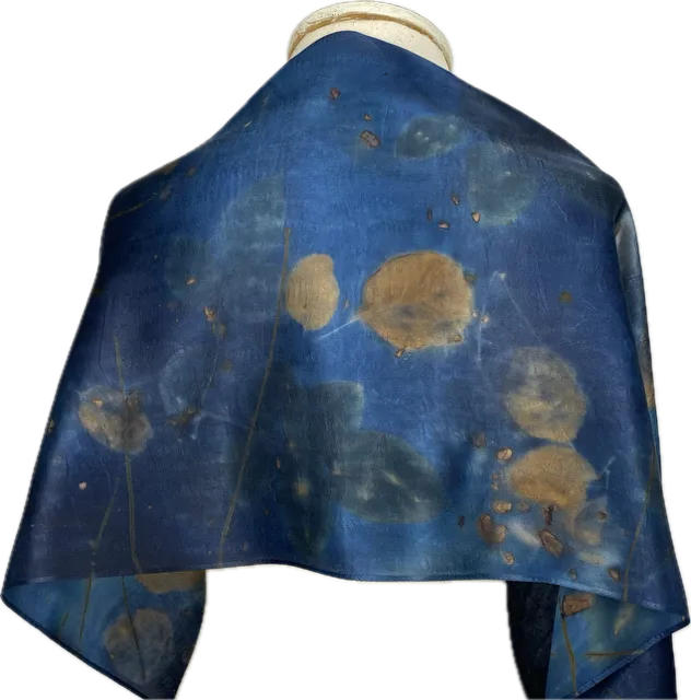 Midnight blue hand dyed Eco Printed silk scarf