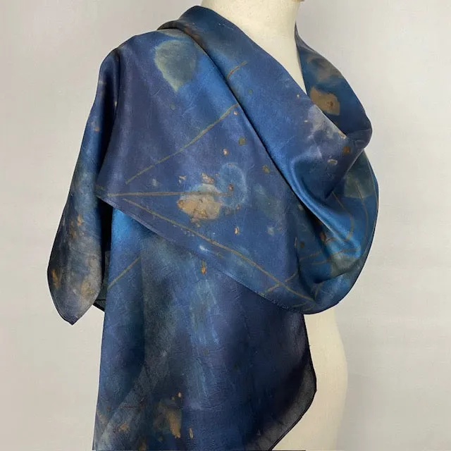 Midnight blue hand dyed Eco Printed silk scarf