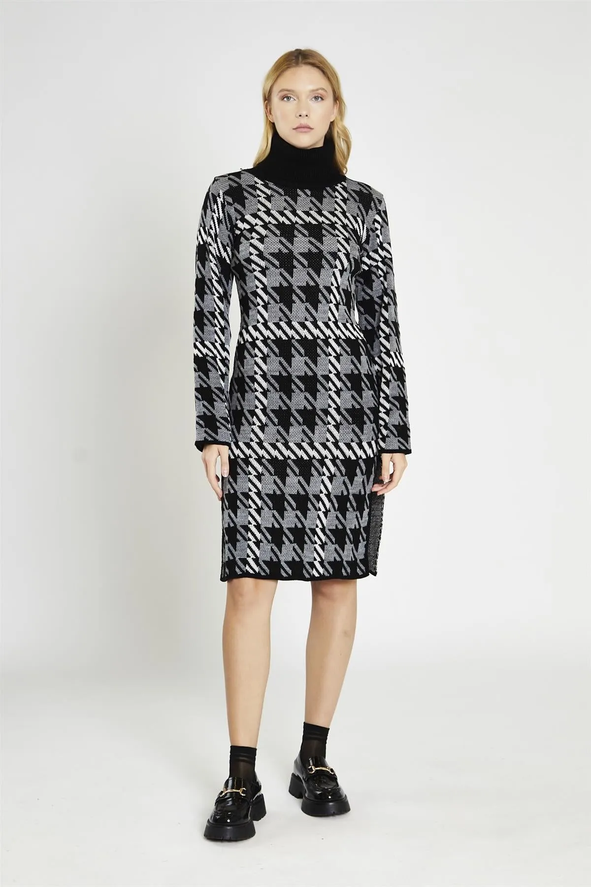Mono Tartan-Check Roll-Neck Jumper Midi-Dress