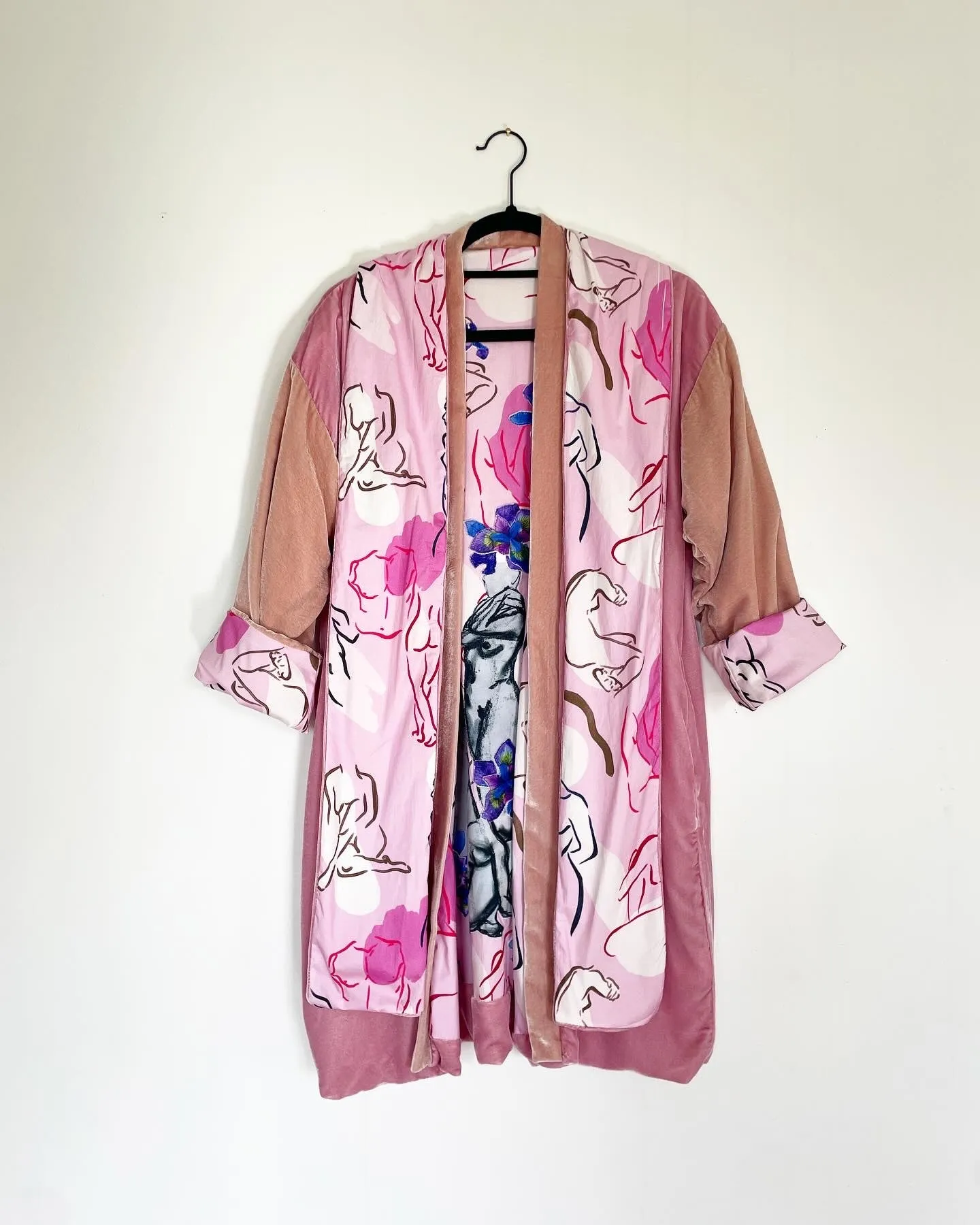 Multi Pink Silk Velvet Caftan with Nudes and Iris Artwork