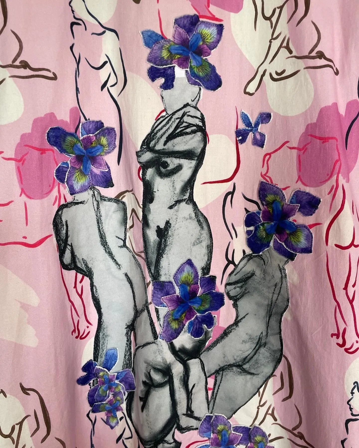 Multi Pink Silk Velvet Caftan with Nudes and Iris Artwork