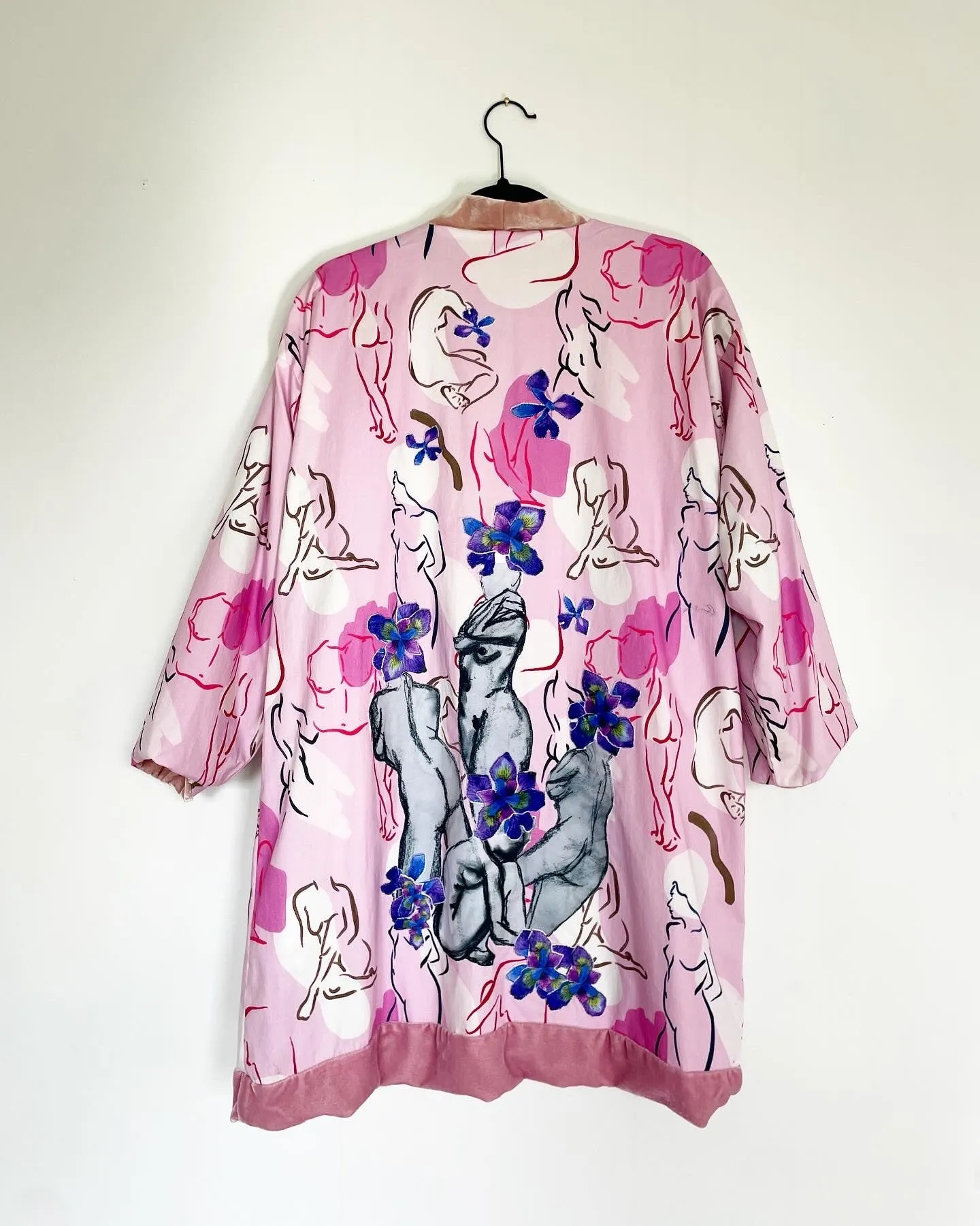Multi Pink Silk Velvet Caftan with Nudes and Iris Artwork