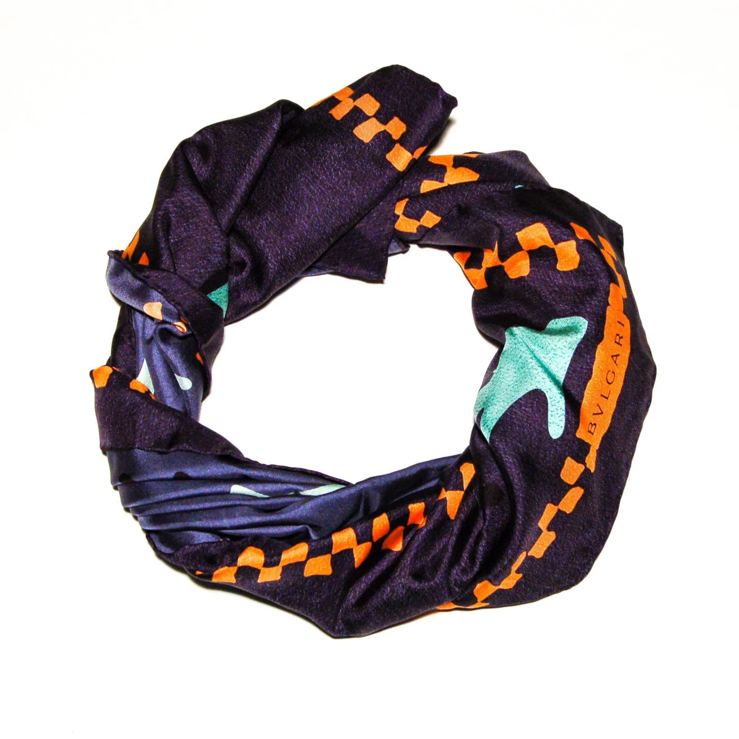 Navy Blue Silk Scarf with Orange and Turquoise Accents by Bvlgari