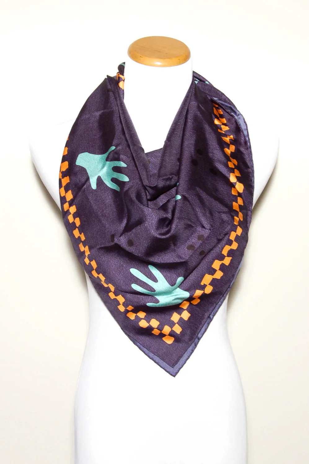 Navy Blue Silk Scarf with Orange and Turquoise Accents by Bvlgari