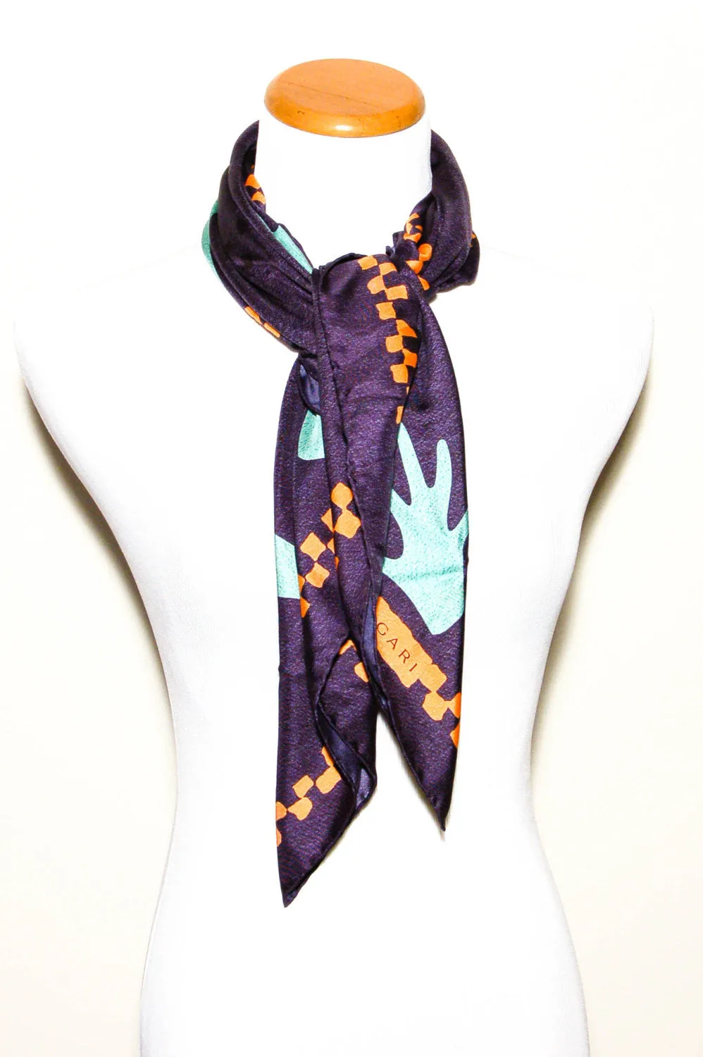 Navy Blue Silk Scarf with Orange and Turquoise Accents by Bvlgari