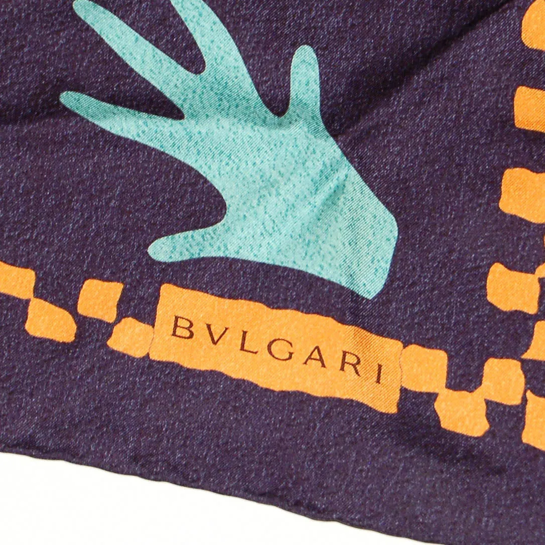 Navy Blue Silk Scarf with Orange and Turquoise Accents by Bvlgari