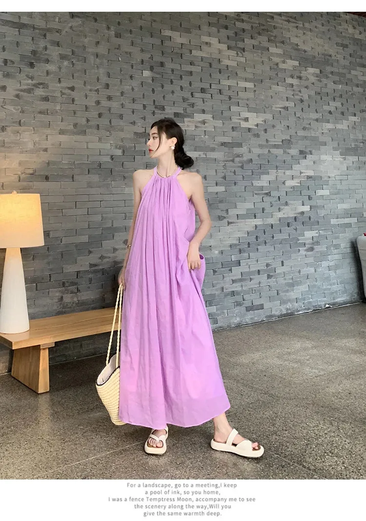 New Fashion Summer Beach Oversized Dress Loose Midi Purple Sundress Vacation Casual Long Robe