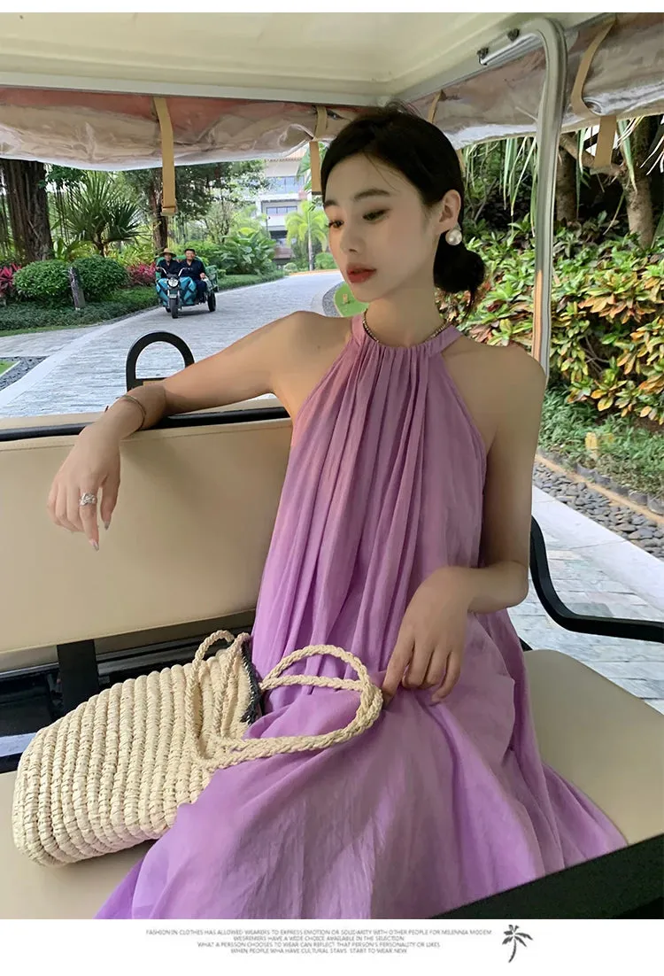 New Fashion Summer Beach Oversized Dress Loose Midi Purple Sundress Vacation Casual Long Robe