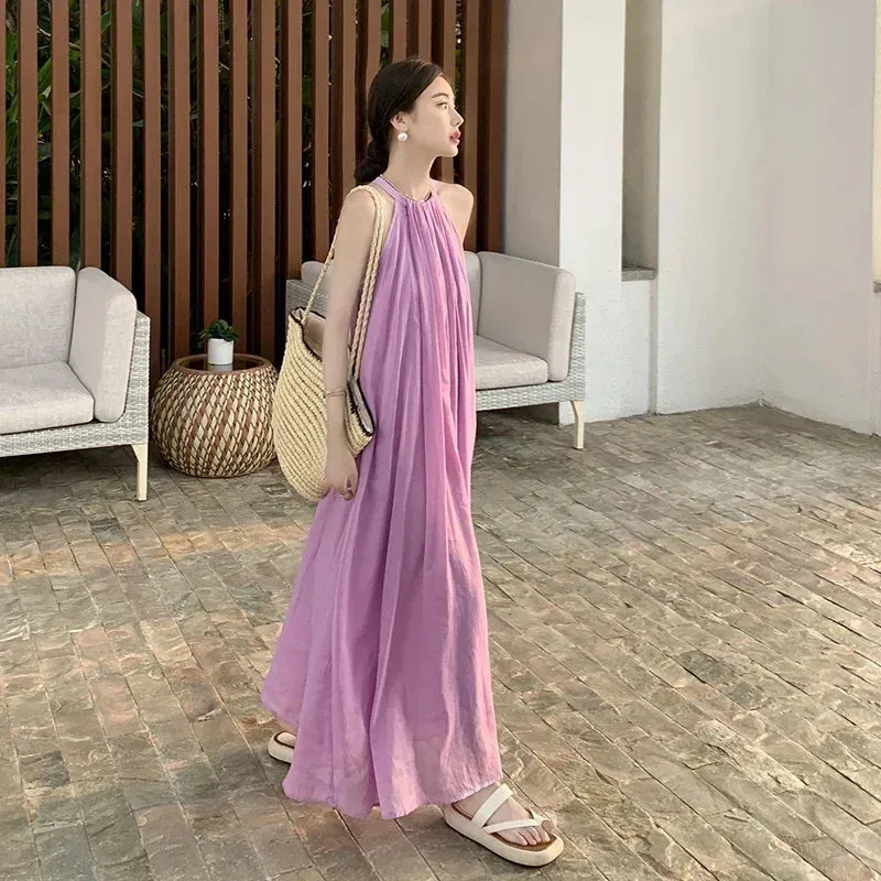 New Fashion Summer Beach Oversized Dress Loose Midi Purple Sundress Vacation Casual Long Robe