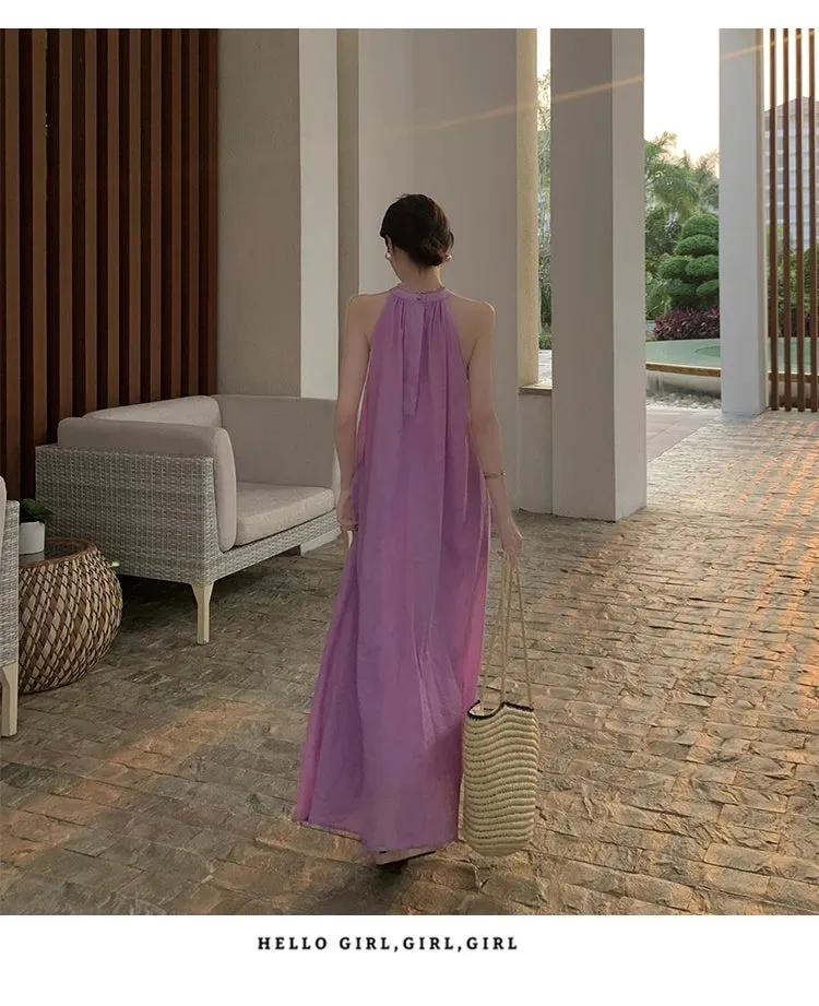 New Fashion Summer Beach Oversized Dress Loose Midi Purple Sundress Vacation Casual Long Robe