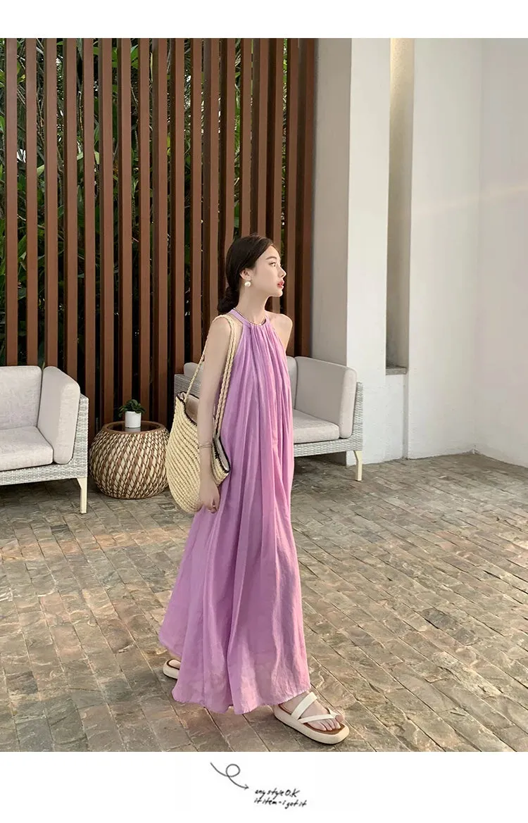 New Fashion Summer Beach Oversized Dress Loose Midi Purple Sundress Vacation Casual Long Robe
