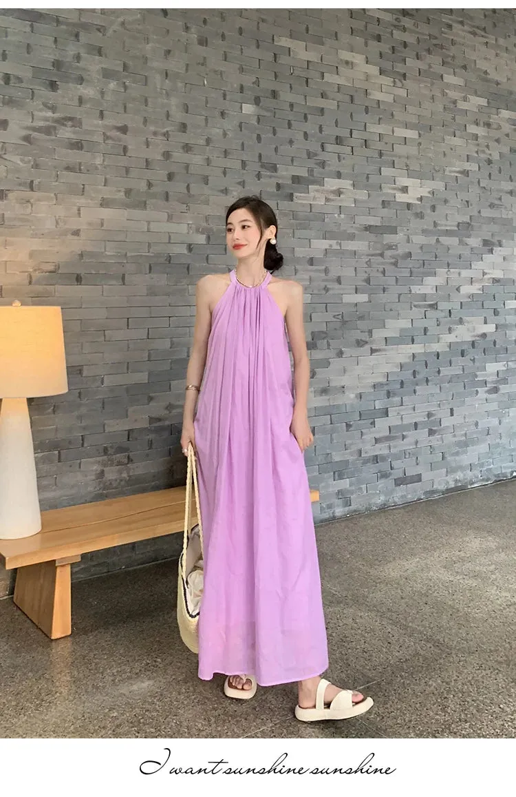 New Fashion Summer Beach Oversized Dress Loose Midi Purple Sundress Vacation Casual Long Robe