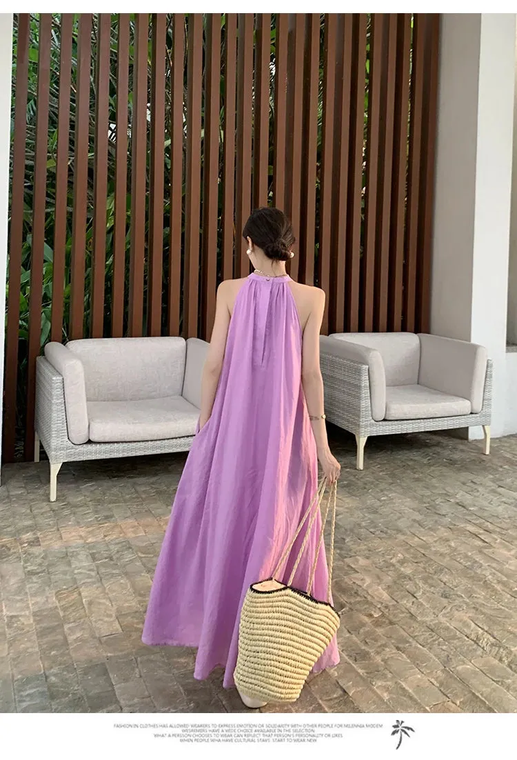 New Fashion Summer Beach Oversized Dress Loose Midi Purple Sundress Vacation Casual Long Robe