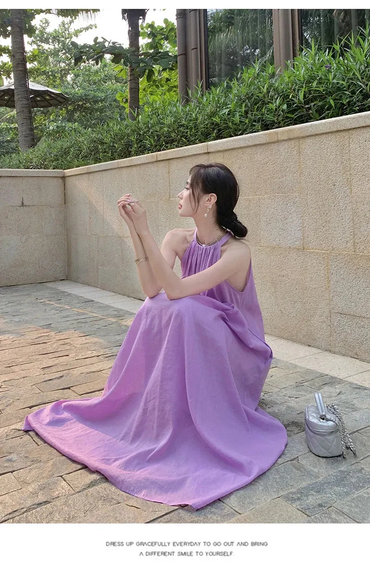 New Fashion Summer Beach Oversized Dress Loose Midi Purple Sundress Vacation Casual Long Robe