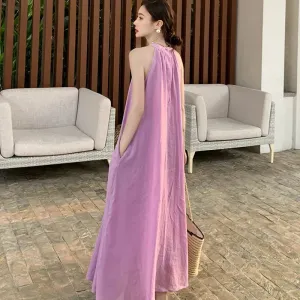 New Fashion Summer Beach Oversized Dress Loose Midi Purple Sundress Vacation Casual Long Robe