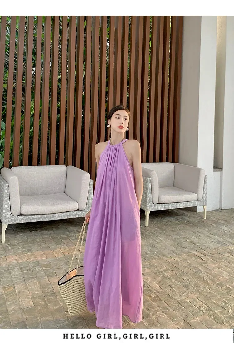 New Fashion Summer Beach Oversized Dress Loose Midi Purple Sundress Vacation Casual Long Robe