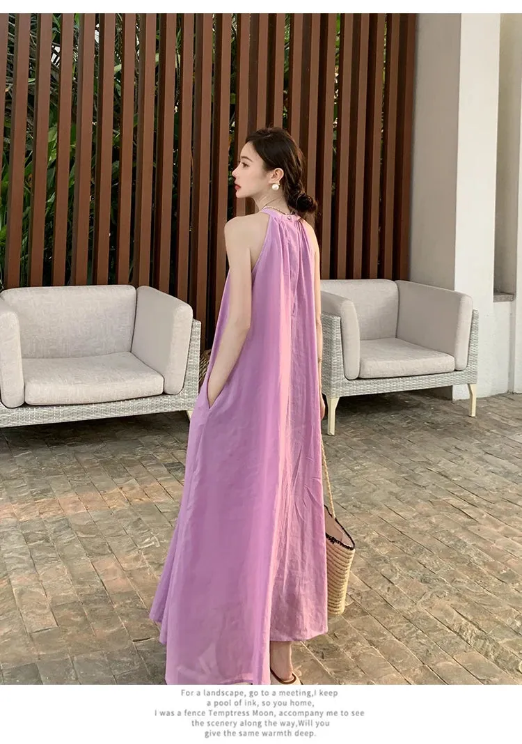 New Fashion Summer Beach Oversized Dress Loose Midi Purple Sundress Vacation Casual Long Robe