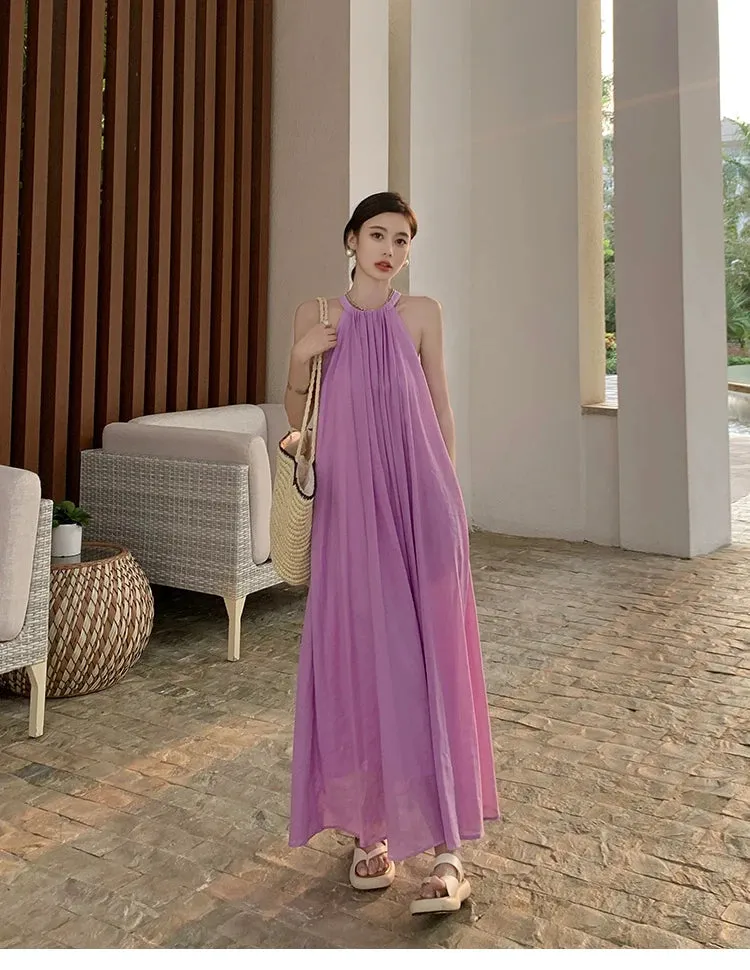New Fashion Summer Beach Oversized Dress Loose Midi Purple Sundress Vacation Casual Long Robe