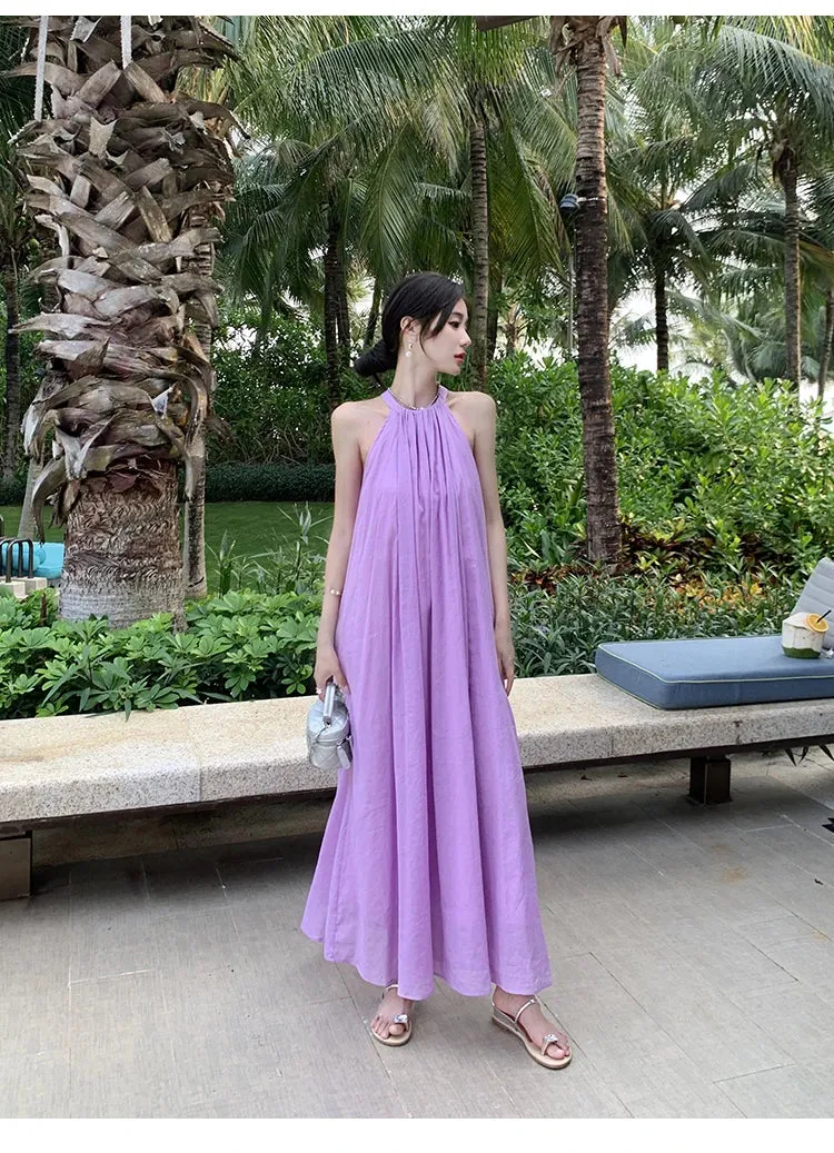 New Fashion Summer Beach Oversized Dress Loose Midi Purple Sundress Vacation Casual Long Robe