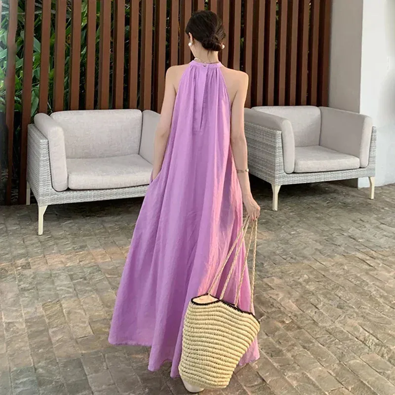 New Fashion Summer Beach Oversized Dress Loose Midi Purple Sundress Vacation Casual Long Robe