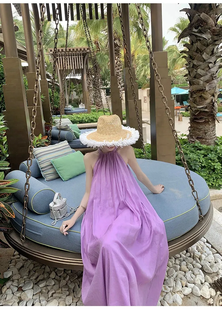 New Fashion Summer Beach Oversized Dress Loose Midi Purple Sundress Vacation Casual Long Robe