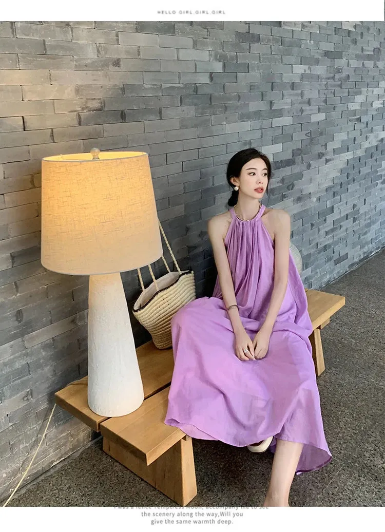 New Fashion Summer Beach Oversized Dress Loose Midi Purple Sundress Vacation Casual Long Robe