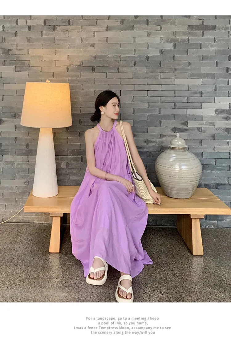 New Fashion Summer Beach Oversized Dress Loose Midi Purple Sundress Vacation Casual Long Robe
