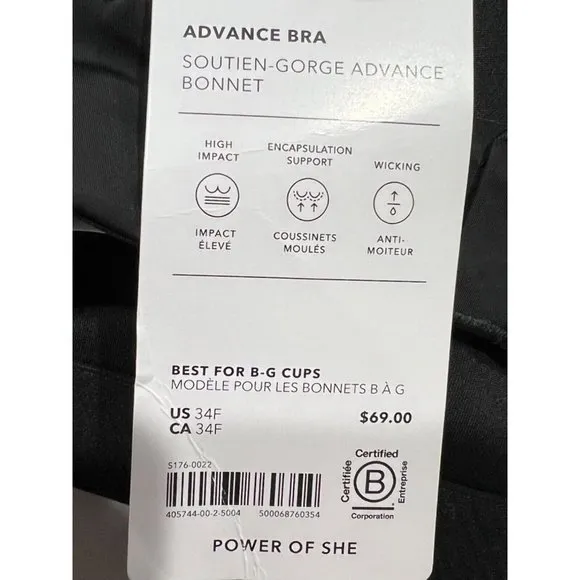 NWT ATHLETA Advance Bra 34F Black Adjustable Straps