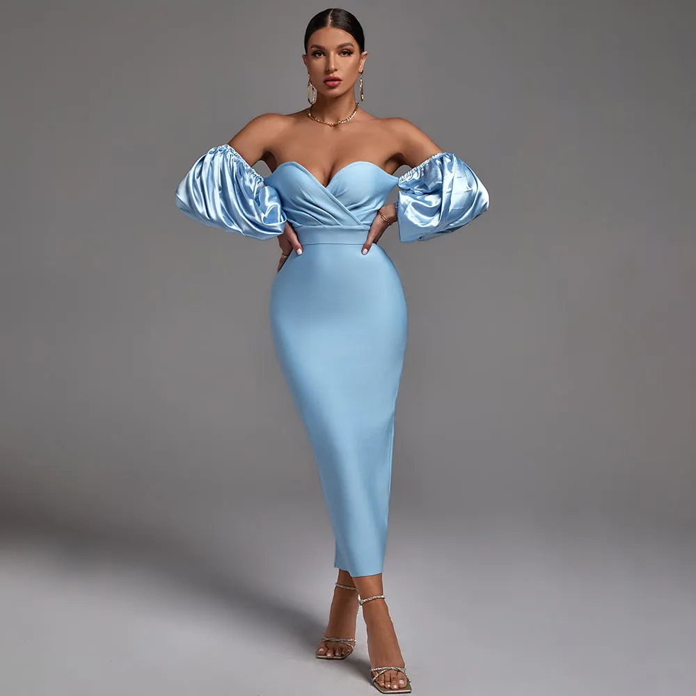 Off Shoulder Puff Sleeve Frill Midi Bandage Dress