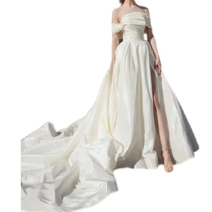 One-shoulder high-length long tail wedding dress