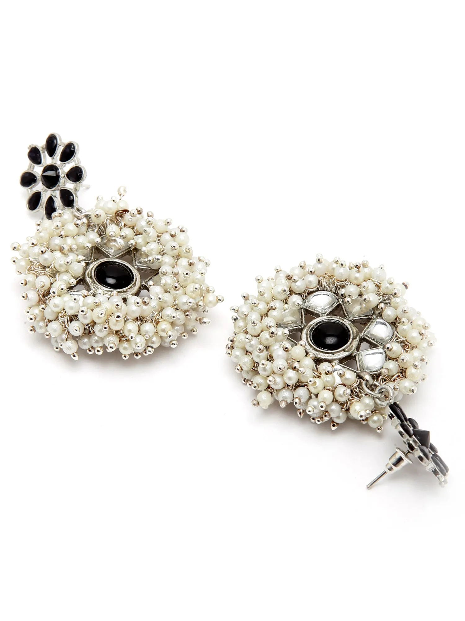 Oxidised Silver Black Kundan Pearl Dangler Earrings for Women