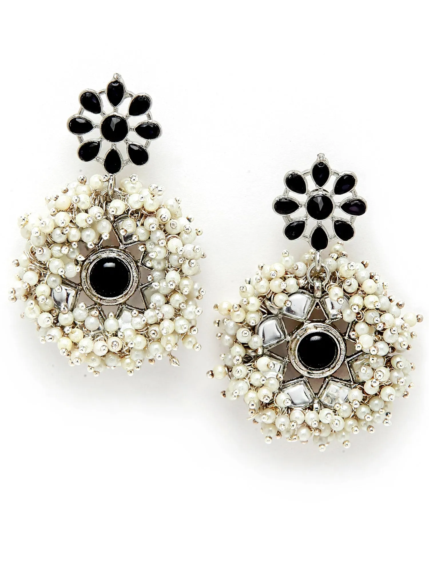 Oxidised Silver Black Kundan Pearl Dangler Earrings for Women