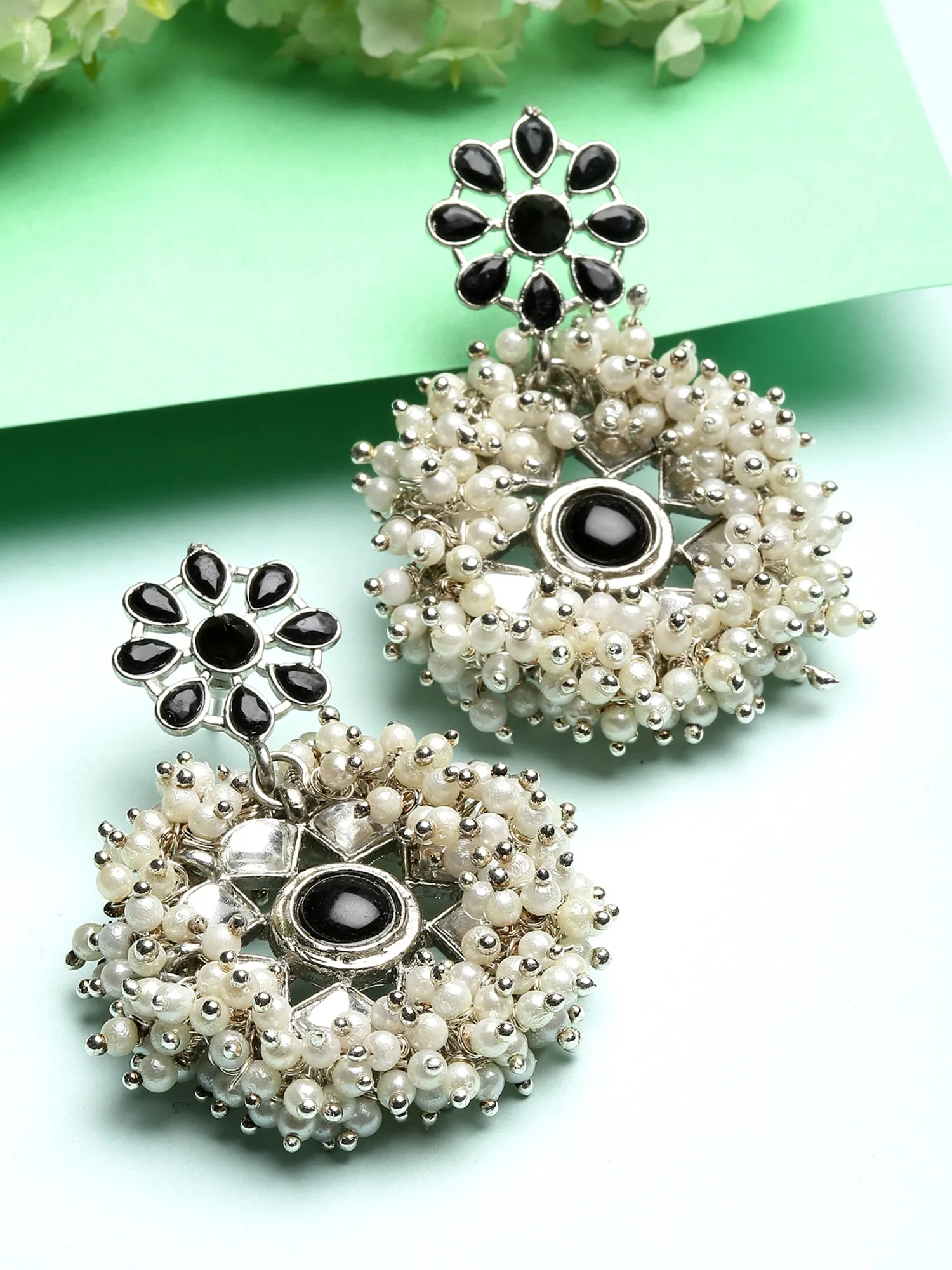 Oxidised Silver Black Kundan Pearl Dangler Earrings for Women