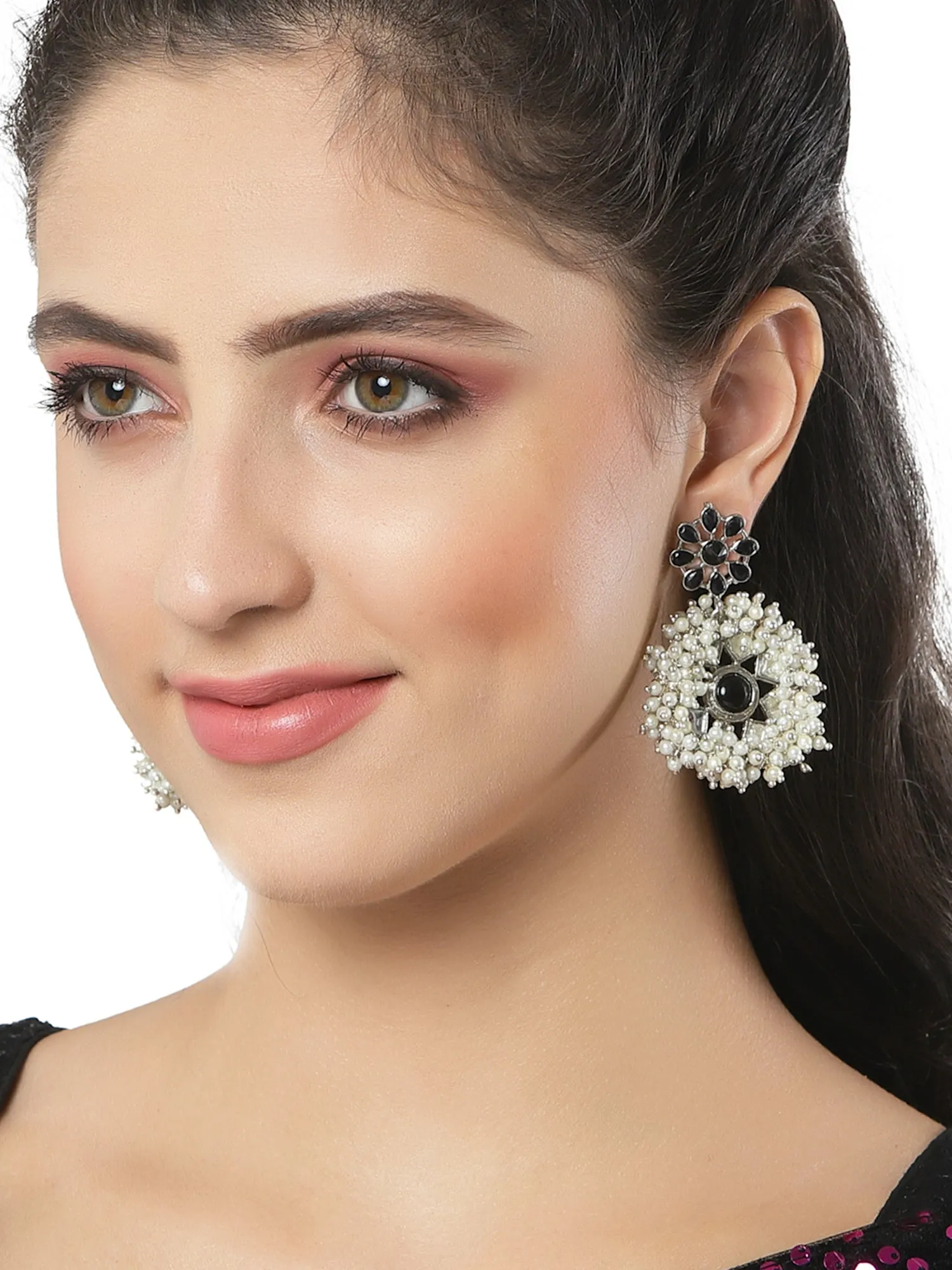 Oxidised Silver Black Kundan Pearl Dangler Earrings for Women