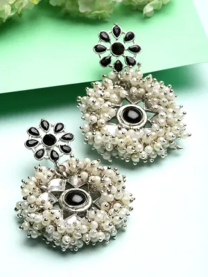 Oxidised Silver Black Kundan Pearl Dangler Earrings for Women