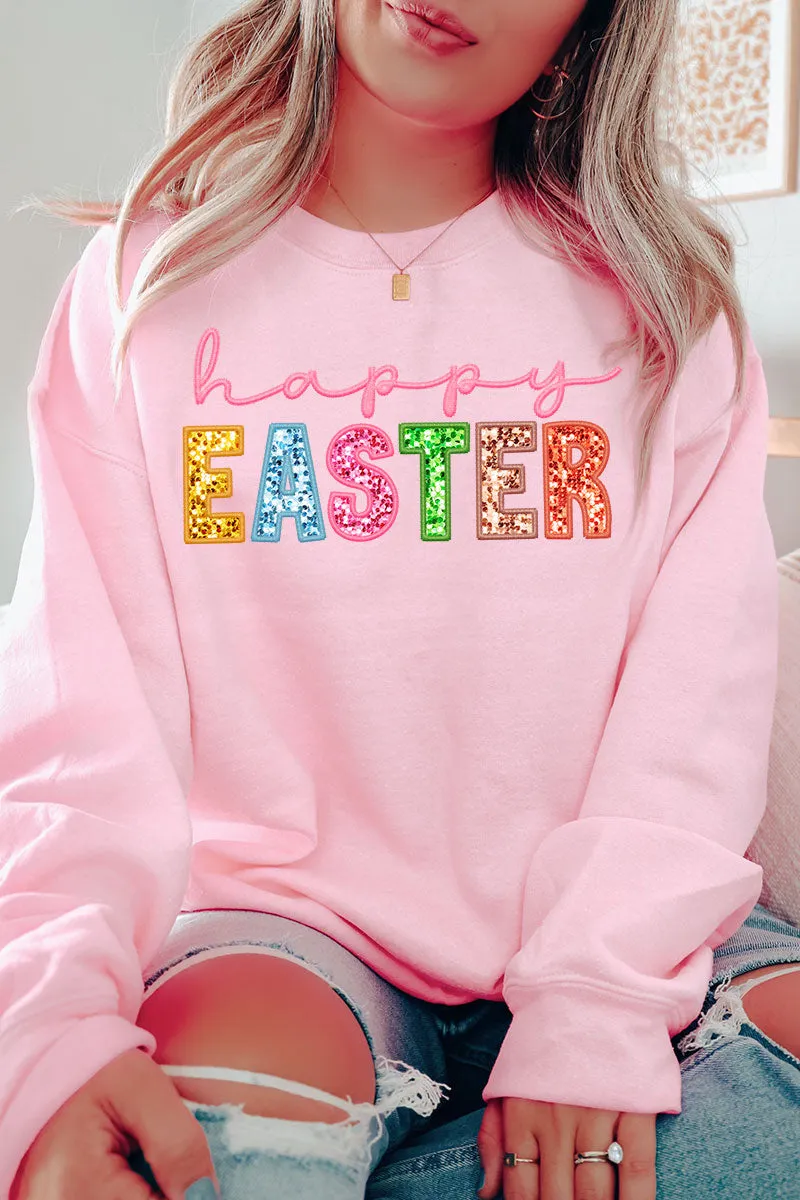 Pastel Faux Embroidery Happy Easter Transfer Heavy-weight Crew Sweatshirt
