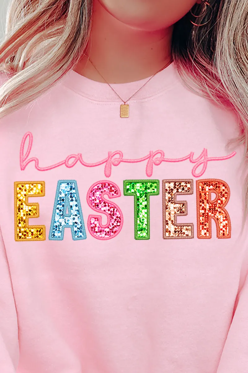 Pastel Faux Embroidery Happy Easter Transfer Heavy-weight Crew Sweatshirt