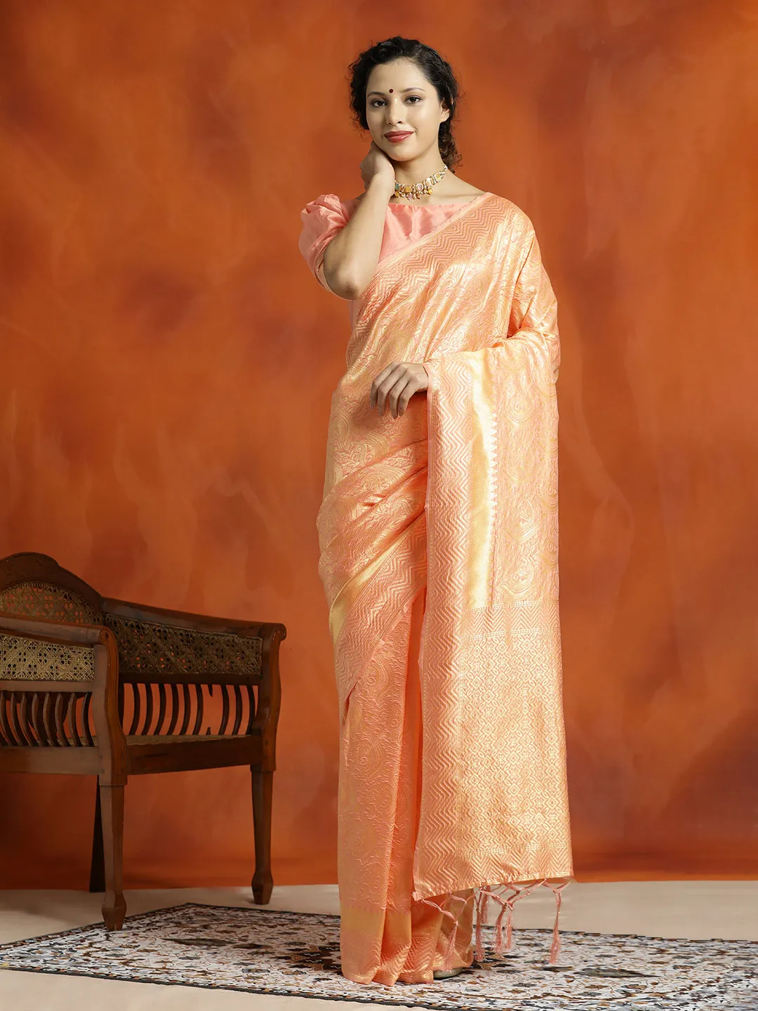 Peach Silk Banarasi Zari Woven Heavy Saree