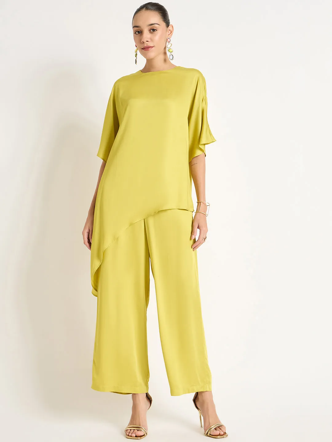 Pear Green Satin Asymmetric Co-Ord Set