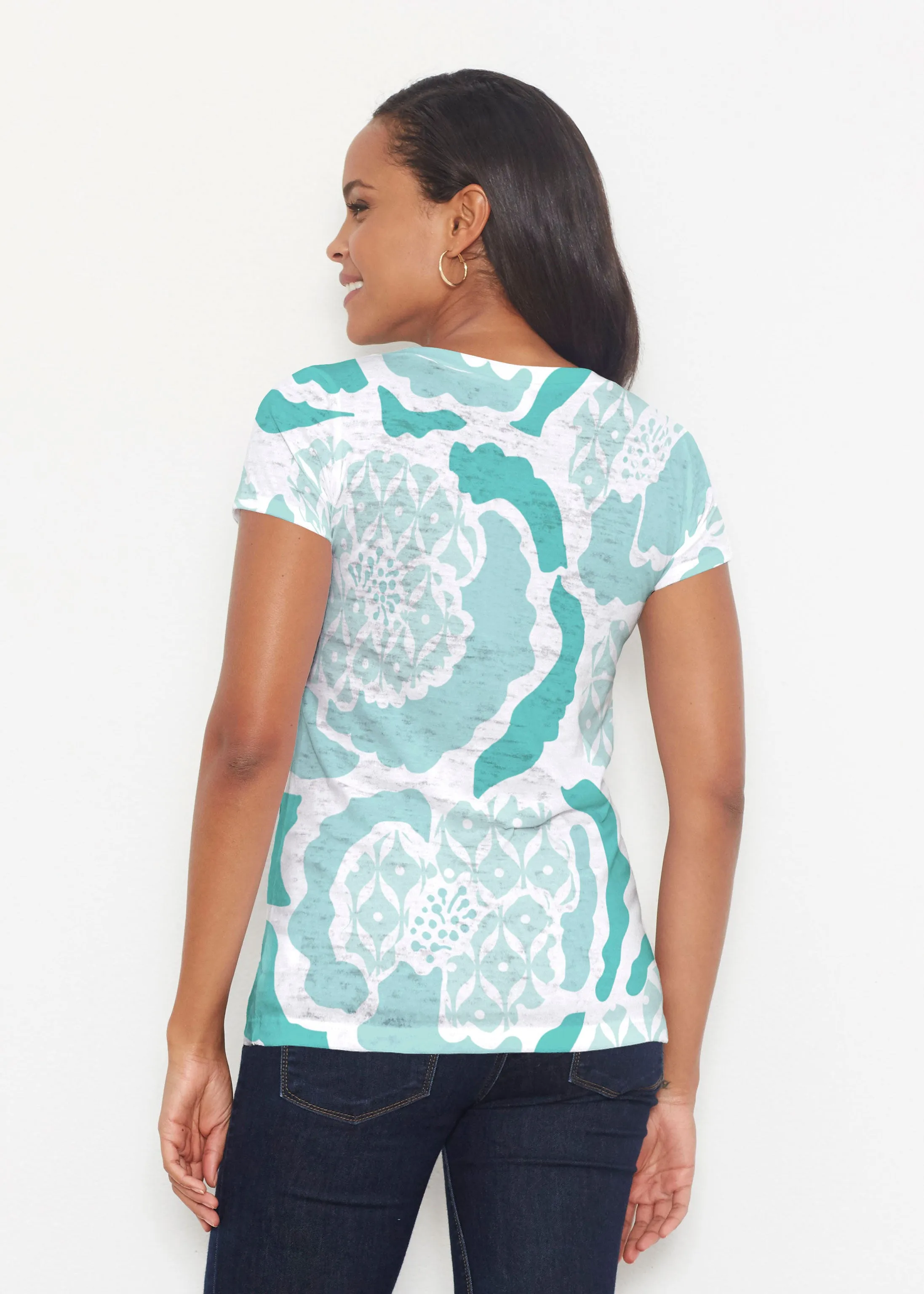 Peonies Aqua (8082) ~ Short Sleeve Scoop Shirt