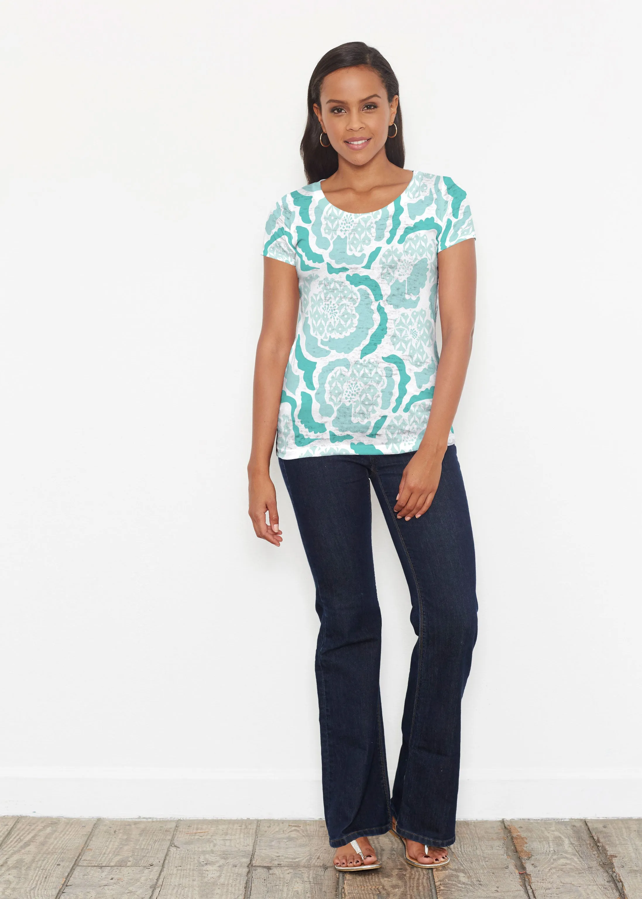 Peonies Aqua (8082) ~ Short Sleeve Scoop Shirt