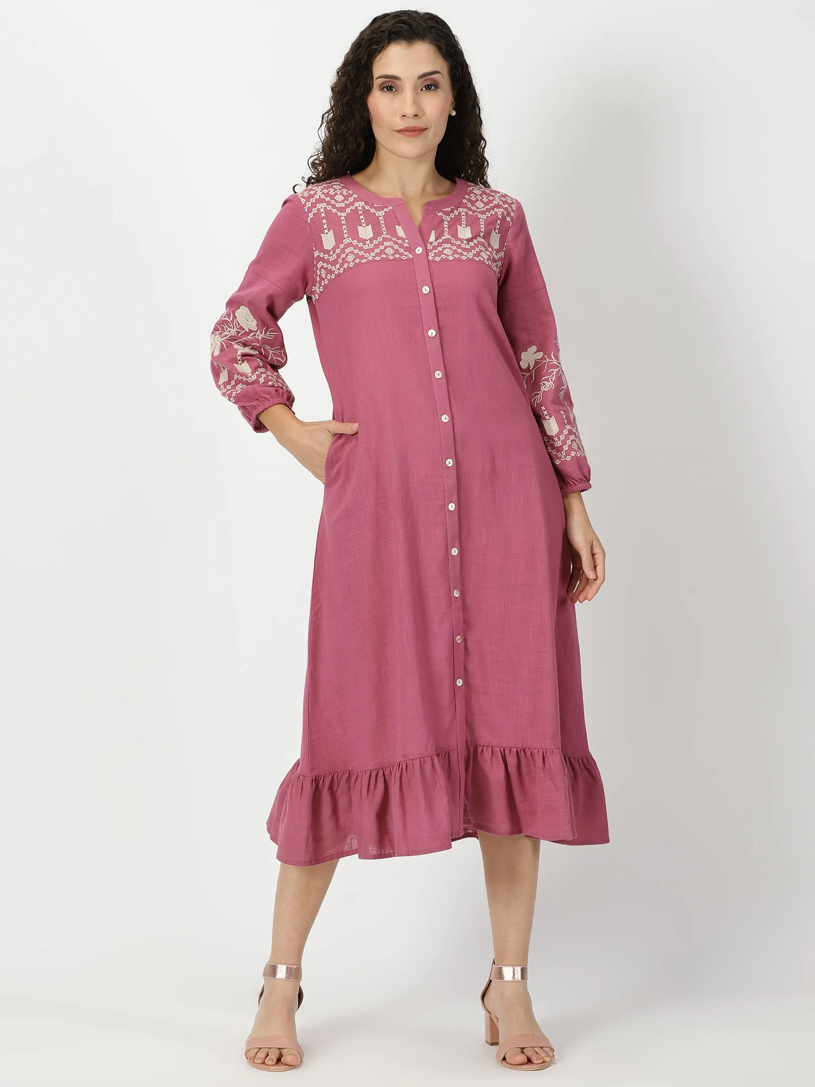 Pink Boho Midi Dress with Embroidered Details